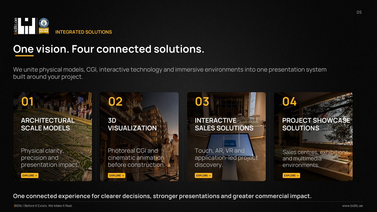 BIDllc Company Profile — page 5: INTEGRATED SOLUTIONS 03 INTERACTIVE SALES SOLUTIONS Touch, AR, VR and application-led project discovery. 04