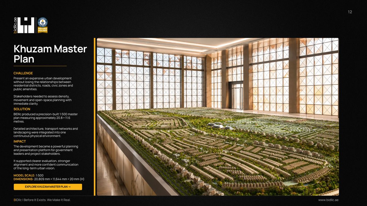 BIDllc Company Profile — page 12: Khuzam Master Plan EXPLORE KHUZAM MASTER PLAN → 12 MODEL SCALE: 1:500 DIMENSIONS: 20,809 mm × 11,644 mm × 20