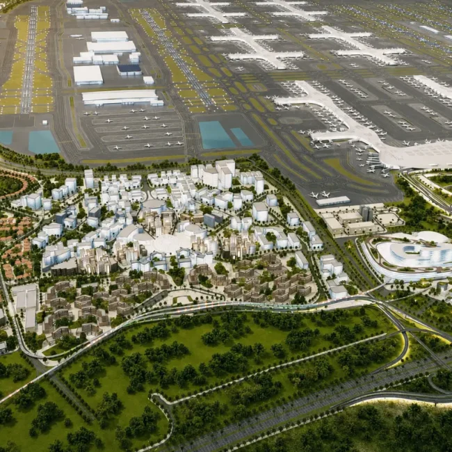 Aerial view of an airport with several terminals and runways beside a city and greenery.