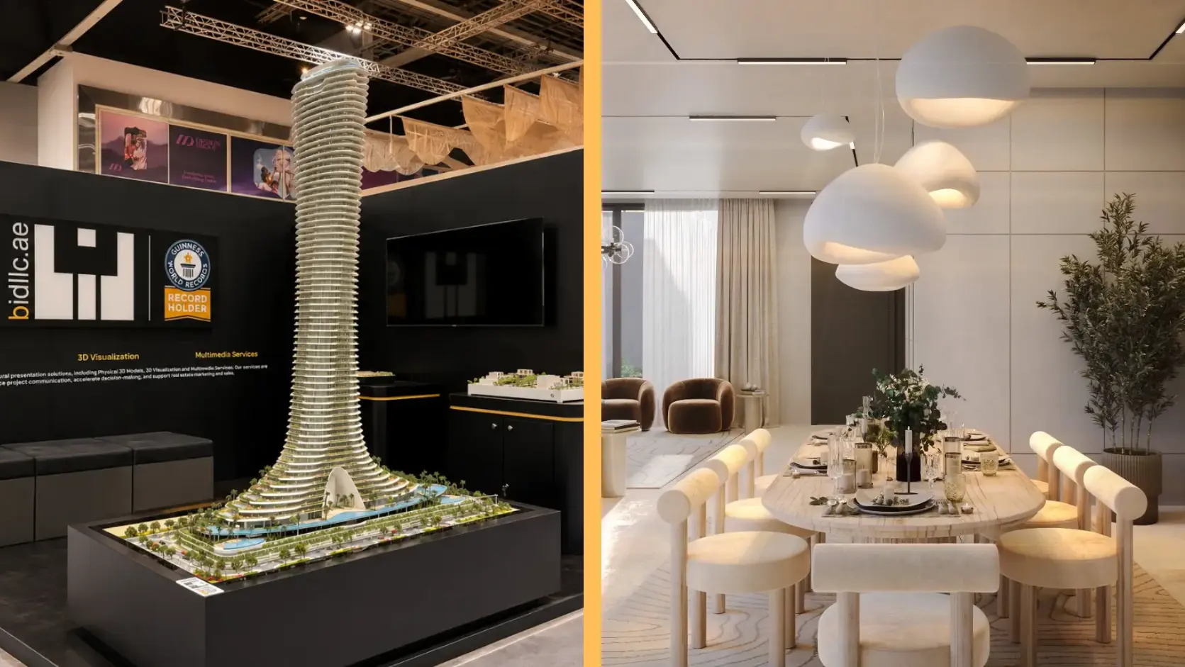 Architectural scale model on display and modern dining room with large pendant lights above a table.