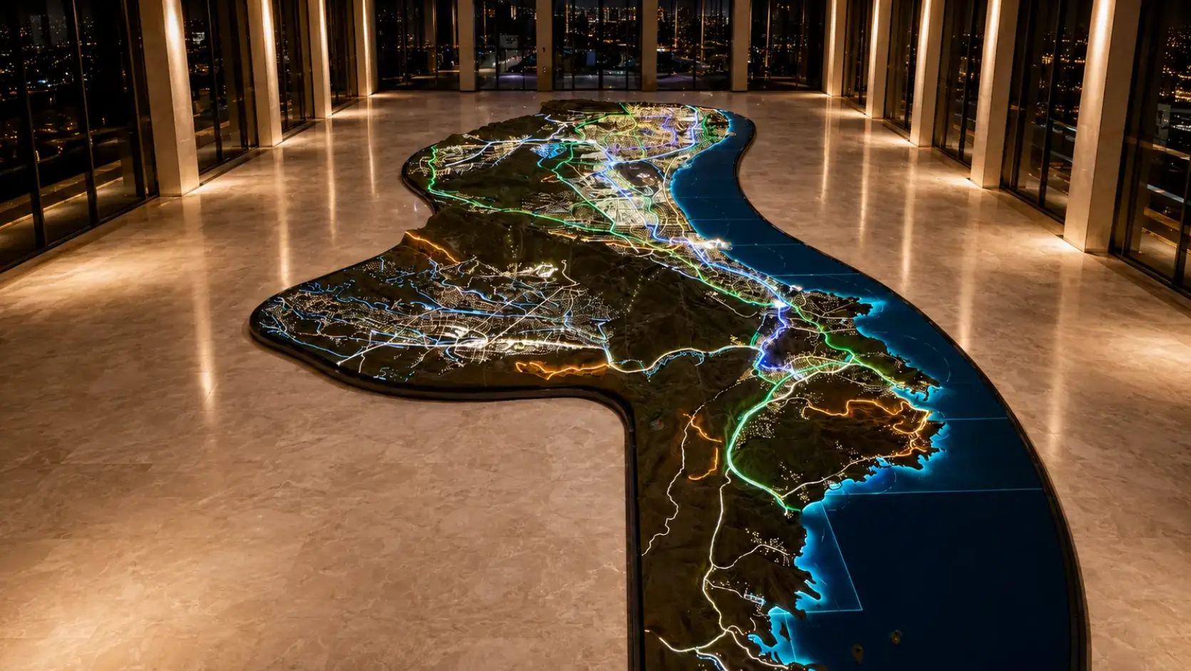 Architectural scale model of a coastal region in a spacious room with large city windows.