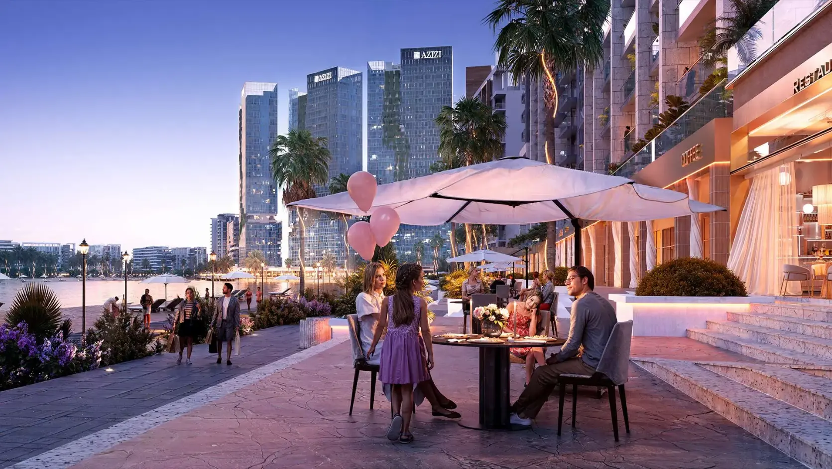 Family eating outdoors beside water at sunset, skyscrapers and palm trees in background.