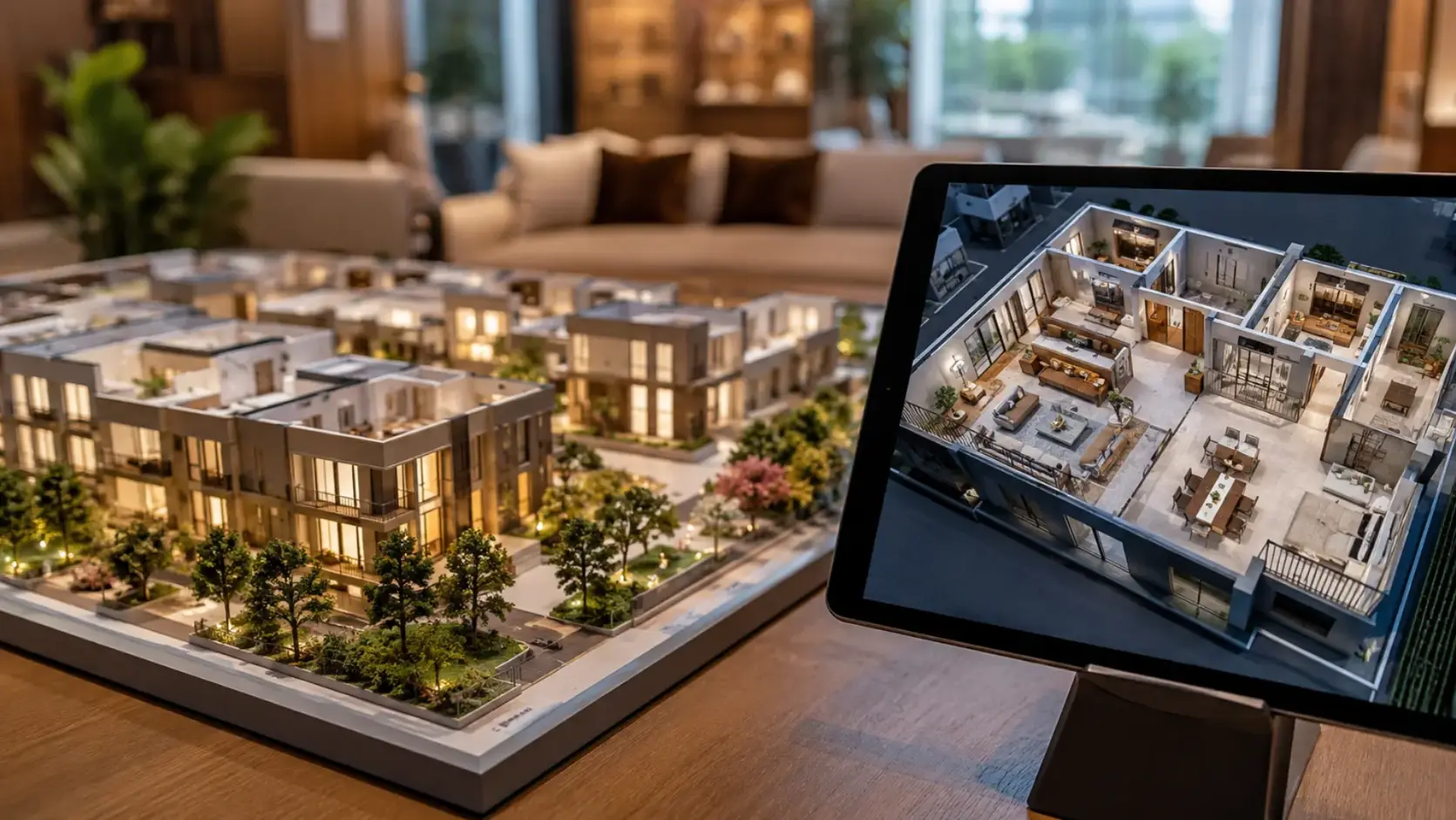 A lit-up architectural scale model of modern houses beside a tablet with a digital floor plan.